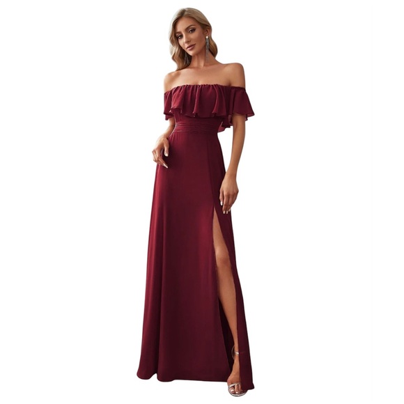 Ever Pretty Dresses & Skirts - Ever Pretty On/Off Shoulder Ruffle Thigh Slit Dress Size 4